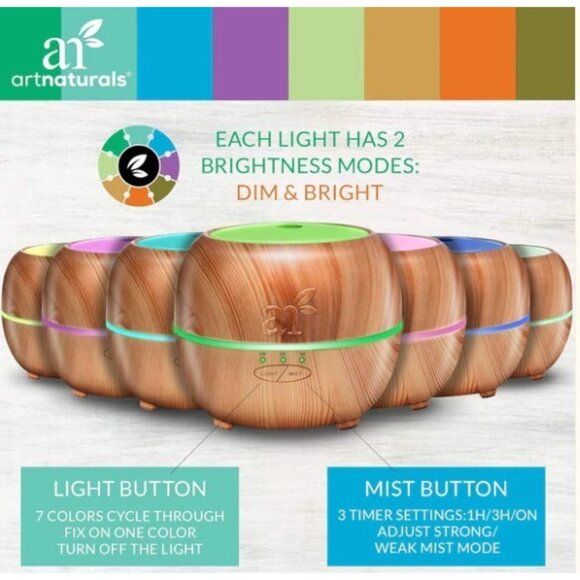 artnaturals Aroma Oil Diffuser Ultrasonic Humidifier 150 ML Tank, Wood Grain - Picture 4 of 14